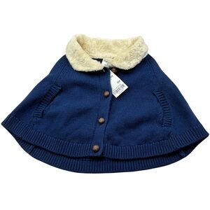 OshKosh B’gosh Baby 9M Navy Knit Poncho‎ Cape Faux Fur Collar NWT Winter
